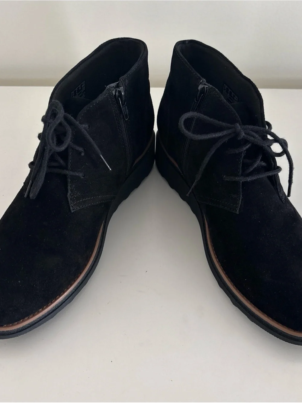 Clarks Black Suede Ankle Booties with Lace-Up Front
